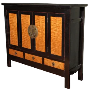 Late Qing Dynasty Black Lacquer and Burl Wood Cabinet With Accordion Doors
