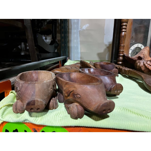 1970s 1970s Pair of Wooden Hand Carved Pig Catchalls For Sale - Image 5 of 11