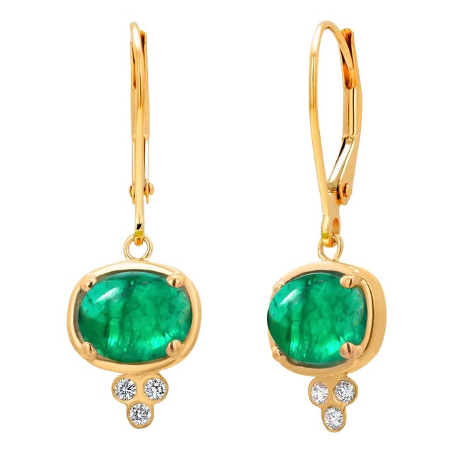 14k Yellow Gold Colombian Cabochon Emerald and Diamond Lever Back Hoop Earrings - 2 Pieces For Sale