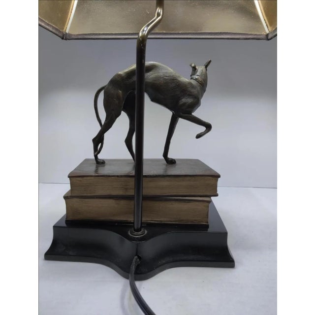 Wood Vintage 1980s Bronze Whippet / Greyhound Dog Standing on Stacked Books Lamp For Sale - Image 7 of 12