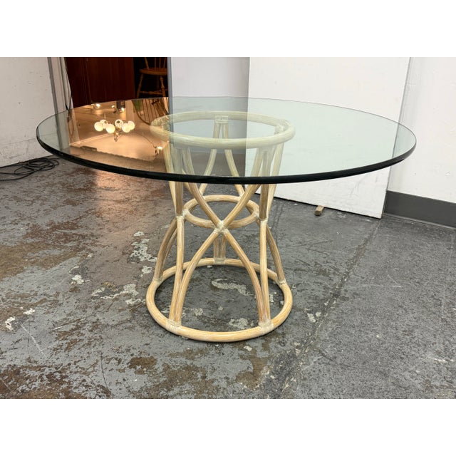 Traditional McGuire Furniture Round Rattan Glass Dining Table, Vintage For Sale - Image 3 of 12