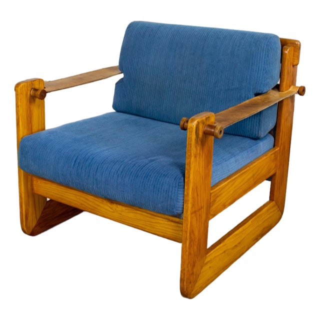Mid to Late 20th Century Scandinavian Modern Oak Safari Sling Club Armchair Tan Leather Arms & Blue Corduroy For Sale