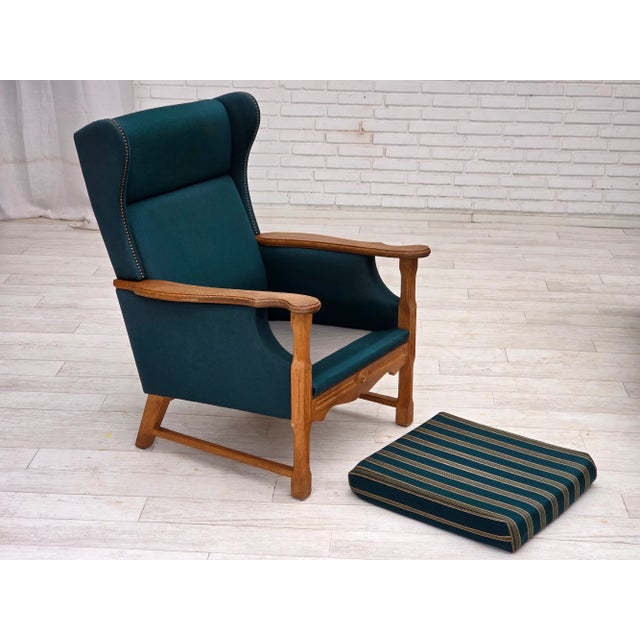 Danish Highback Armchair in Turkis-Green Wool and Oak Wood, 1970s For Sale - Image 12 of 18