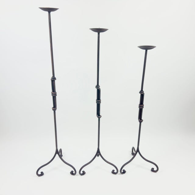 Hand Forged Iron Candelabra Set of 3 (90-110cm) Antique Copper Finish Iron Bamboo Stem with Scroll Base Estate Set For Sale - Image 6 of 6