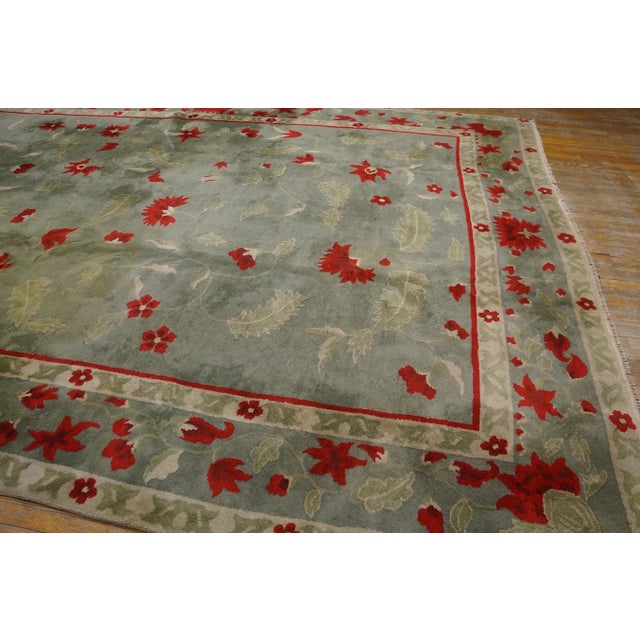 Awesome Green Ground Color With Striking Red Flowers in a Floral Design Antique Chinese Art Deco Rug For Sale - Image 11 of 12