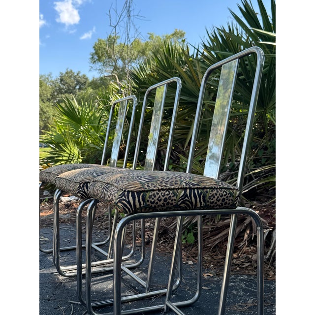 1960s Set of 3 François Arnal for Atelier a Chrome Side Chairs With Custom Animal Print Upholstery For Sale - Image 10 of 12