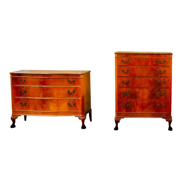 Two Vintage Mahogany Queen Anne Style Bedroom Matching Dressers & Brass Bail Pulls For Sale