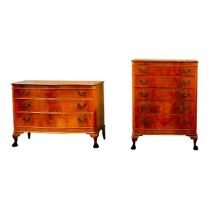 Two Vintage Mahogany Queen Anne Style Bedroom Matching Dressers & Brass Bail Pulls