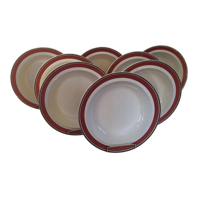 Early 19th Century English Regency Wedgwood Soup Bowl Plates with Orange & Brown Border - Set of 8 For Sale