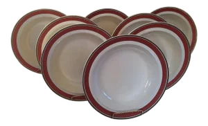 Early 19th Century English Regency Wedgwood Soup Bowl Plates with Orange & Brown Border - Set of 8