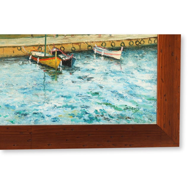 French Midcentury French Harbor Oil Painting For Sale - Image 3 of 3