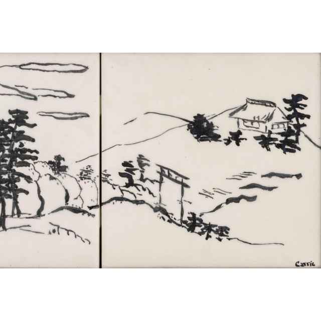 1950s Carrie Robbins Set of Four Japanese Landscape Scene With Pagoda Tiles, 1958 For Sale - Image 5 of 8