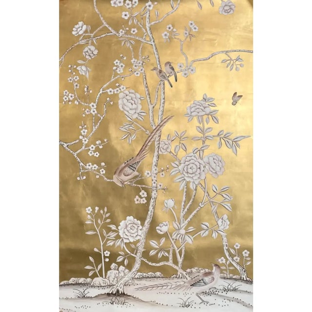 Chinoiserie Chinoiserie Peony Mural Hand Painted Wallpaper on Gold Metallic - 6 Panels For Sale - Image 3 of 6