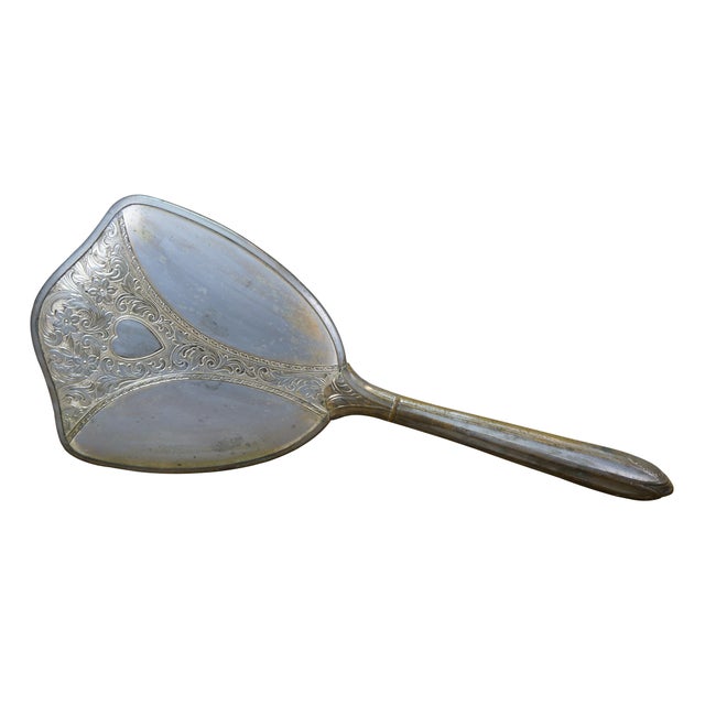 Art Deco Antique Art Deco Etched Silverplate Floral Heart Hand Vanity Mirror 14" For Sale - Image 3 of 14