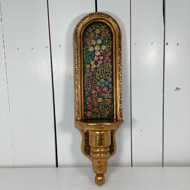 Pair of Vintage Mexican Hand Painted Folk Art Wall Shelves Santos Figures Floral Gilt Shelf For Sale In Detroit - Image 6 of 12