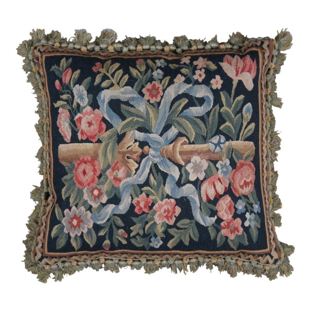 Mid 20th Century French Embroidered Neoclassical Floral Ribbon Down Fill Lumbar Throw Pillow For Sale