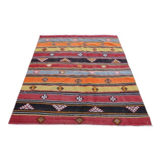 1970s Striped Anatolian Hand Knotted Natural Wool Area Kilim Rug For Sale