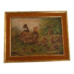 Quail and Frolicking Chicks Chromolithograph Print in Pretty Gold and Felt Frame