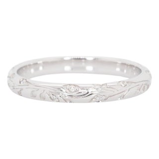 Dainty Diamond Band Ring in 14k White Gold – Minimalist Floral Engraved Ring, Size 6.75 For Sale
