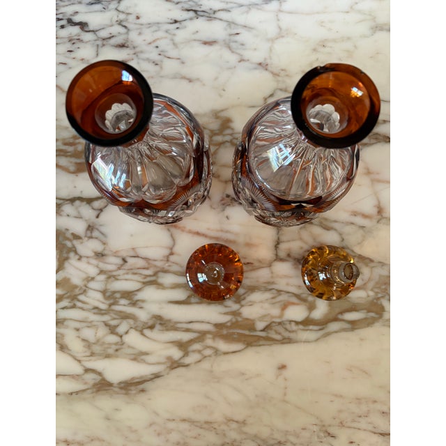 Art Deco Pair Vintage Bohemian Czech Amber Cut to Clear Decanters For Sale - Image 3 of 12