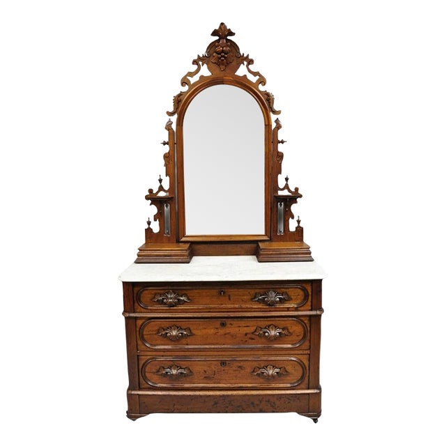 Antique Eastlake Victorian Carved Walnut Marble Top Washstand Dresser W/ Mirror For Sale