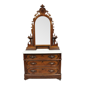 Antique Eastlake Victorian Carved Walnut Marble Top Washstand Dresser W/ Mirror