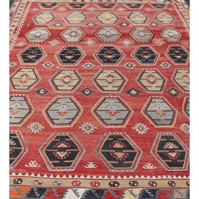 Tribal Antique Turkish Kilim Rug With Vibrant Hexagonal Motifs and Rich Red Background 8'8 X 12'2 For Sale - Image 3 of 11
