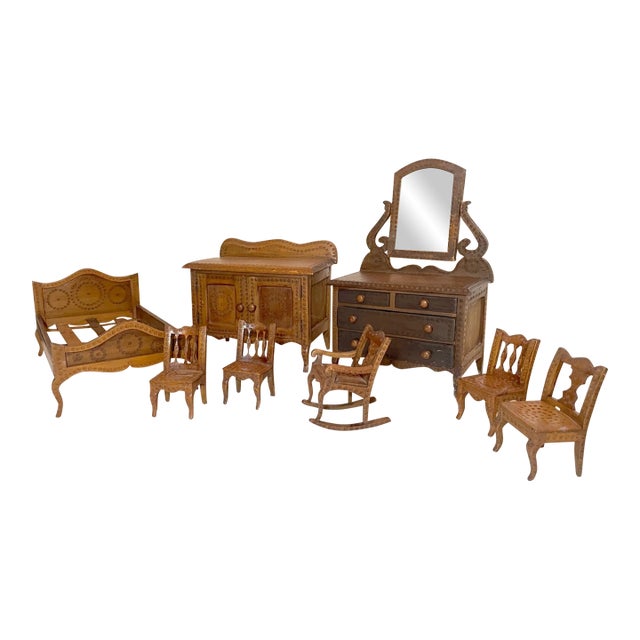Set of 8 Antique Handmade Mini Wood Bedroom Set Tramp Art Furniture Dresser Bed Vanity For Sale