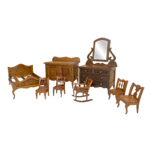Set of 8 Antique Handmade Mini Wood Bedroom Set Tramp Art Furniture Dresser Bed Vanity