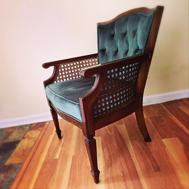 1970s Vintage Cane Deep Emerald Green Velvet Barrel Chair For Sale - Image 5 of 5