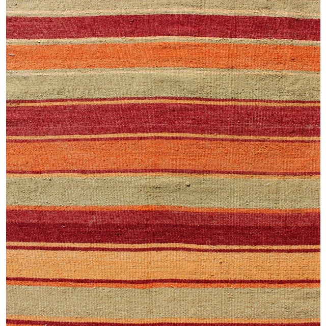 Vintage Turkish Kilim Rug in Red, Orange, Gold, and Sage Green Striped Pattern For Sale In Atlanta - Image 6 of 9