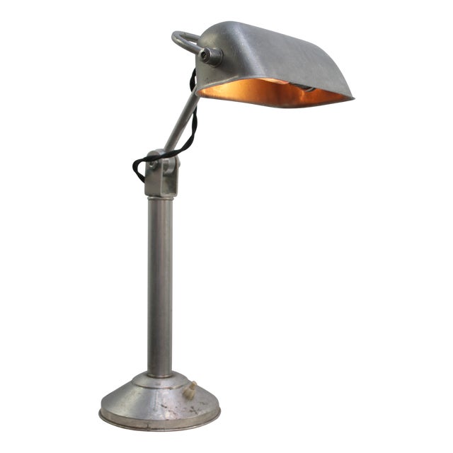 Vintage Industrial Silver Aluminum Banker's Desk Light For Sale