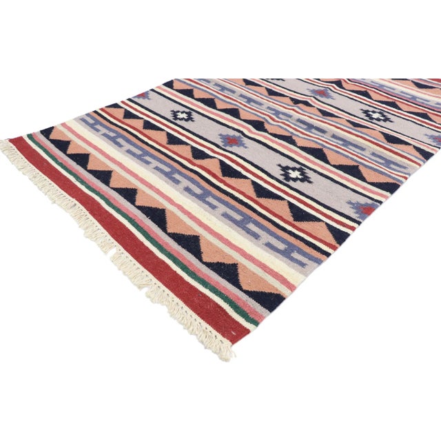Vintage Persian Shiraz Kilim Rug with Boho Chic Tribal Style 03'02 x 04'11. Full of tiny details and a bold expressive...