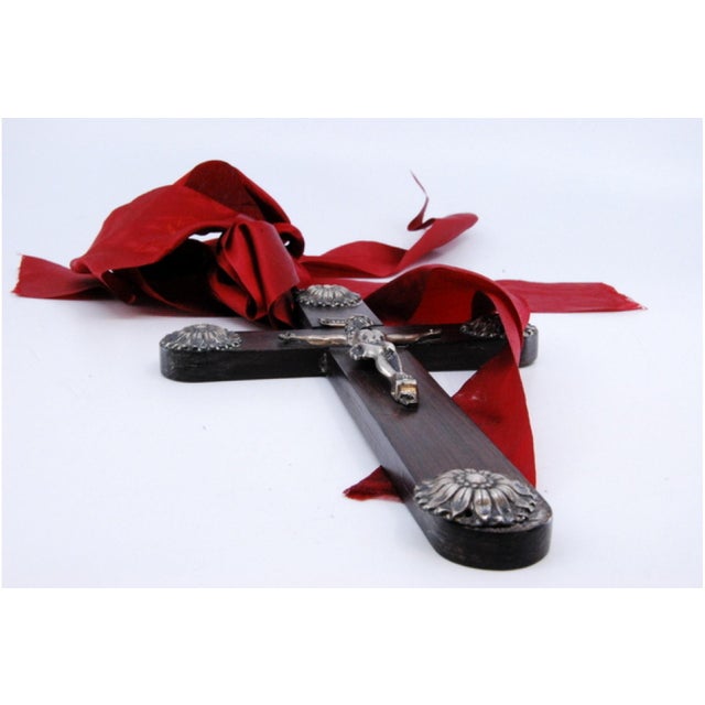 Wooden Cross with Silver Applications and Jesus Crucified with Red Fabric For Sale - Image 5 of 9