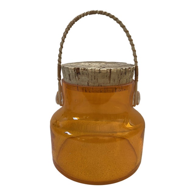Vintage Post Modern Orange Color Glass Bottle With Cork Lid For Sale