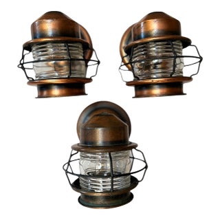 Mid 20th Century Set of Three Antique Copper Oxidized Nautical Lanterns For Sale