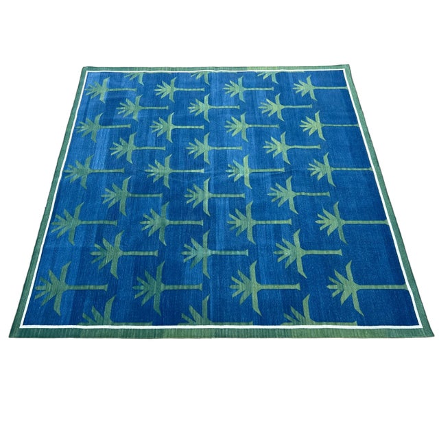 Cotton Vegetable Dyed Royal Blue Forest Green Palm Tree Rug-9'x12' These special flat-weave dhurries are hand-woven with...