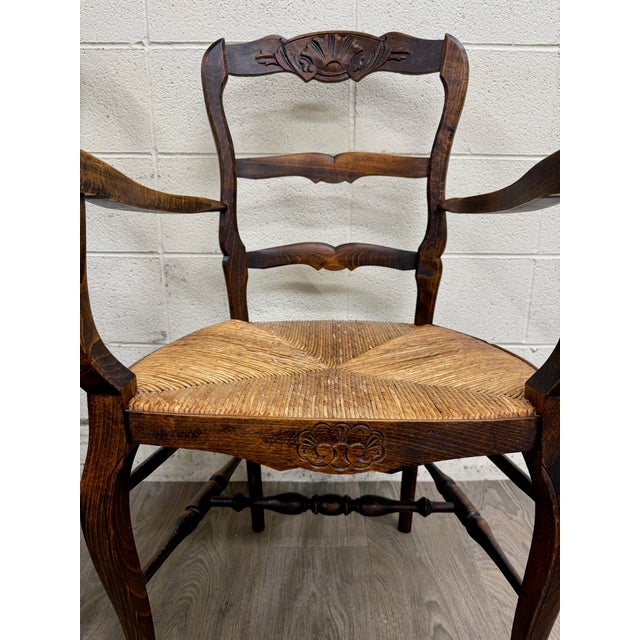 Early 20th Century Antique French Country Style Louis XV Style Ladder Back Rush Seat Arm Chairs For Sale - Image 5 of 10