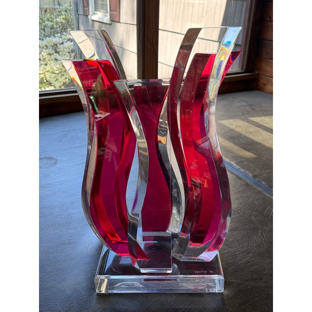 Ruby Red Vintage David Muniz 23" Ruby Red & Clear Lucite Art Sculpture 1996, Signed. Rare For Sale - Image 8 of 14