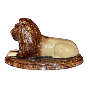 Antique 19th C American Yellow-Ware Pottery Recumbent Lion Sculpture