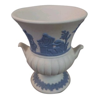 Vintage Wedgwood Jasperware Blue on White Roman Greek Style Small Vase For Sale