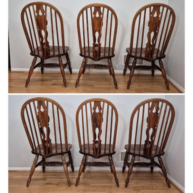 Brown 1940s h.w. Hull & Sons Oak Brace Back Windsor Dining Side Chairs W/ Carved Medallions, Set of 6 For Sale - Image 8 of 13