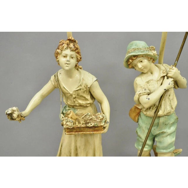 Vintage French Renaissance Moreau Metal Boy and Girl Figural Table Lamp - A Pair For Sale - Image 4 of 12