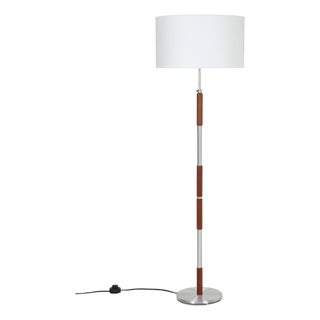Large Mid-Century Danish Aluminum and Teak Floor Lamp with Cotton Lampshade, 1960s For Sale