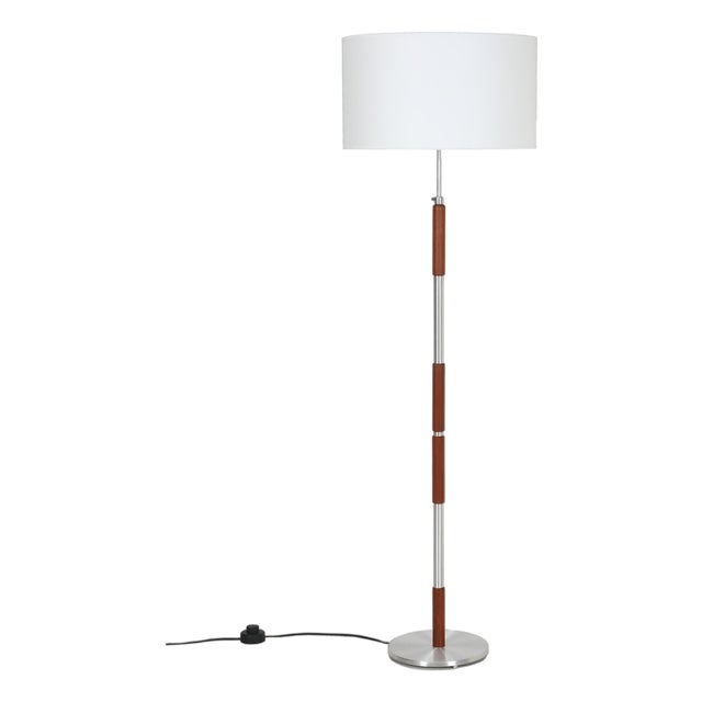 Large Mid-Century Danish Aluminum and Teak Floor Lamp with Cotton Lampshade, 1960s For Sale