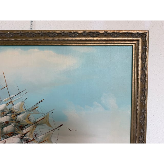 Blue Late 20th Century Listed Artist Hewett Jackson Original Oil Painting | Tall Ship Seascape | Framed For Sale - Image 8 of 14