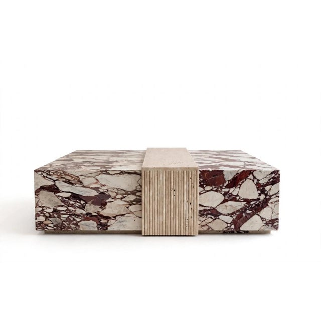 Stone Square Marble Coffee Table in Calacatta Viola and Roman Travertine Marble by Andrea Grasso For Sale - Image 7 of 7