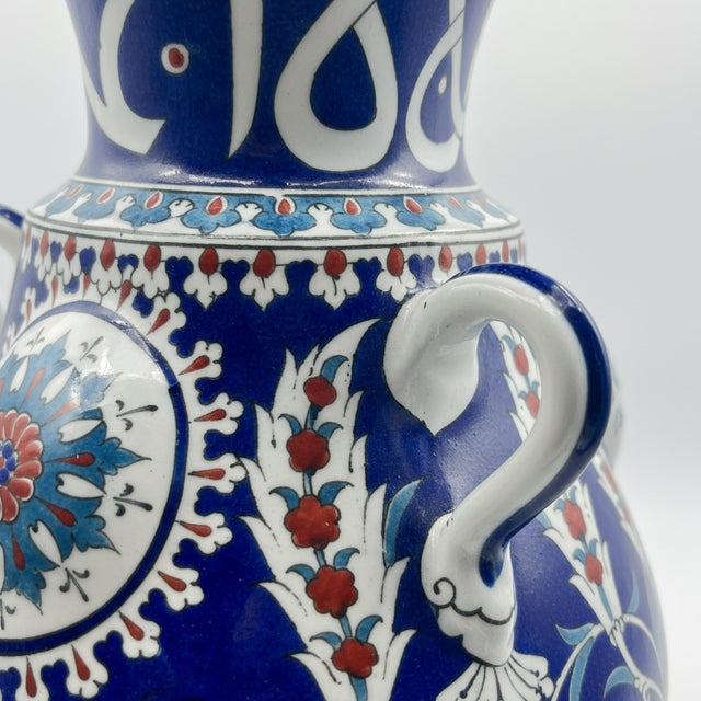 Handmade Ceramic Kandil Vase (50cm) Cobalt Blue Calligraphy Triple Handled Form For Sale - Image 6 of 11