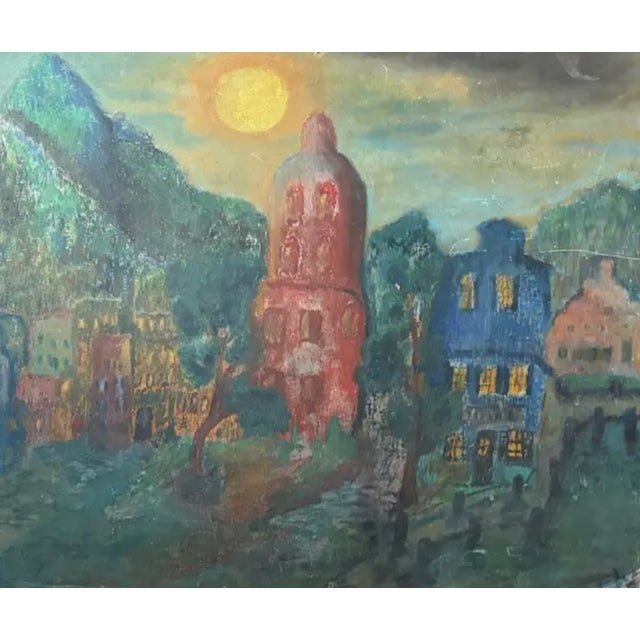 Mid Century European Painting - Sun Over a City For Sale - Image 4 of 8