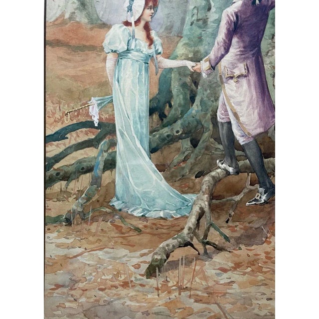 Antique Ernest Linzell 'victorian Courting Scene Hearts Carved in Tree' Painting For Sale - Image 9 of 12